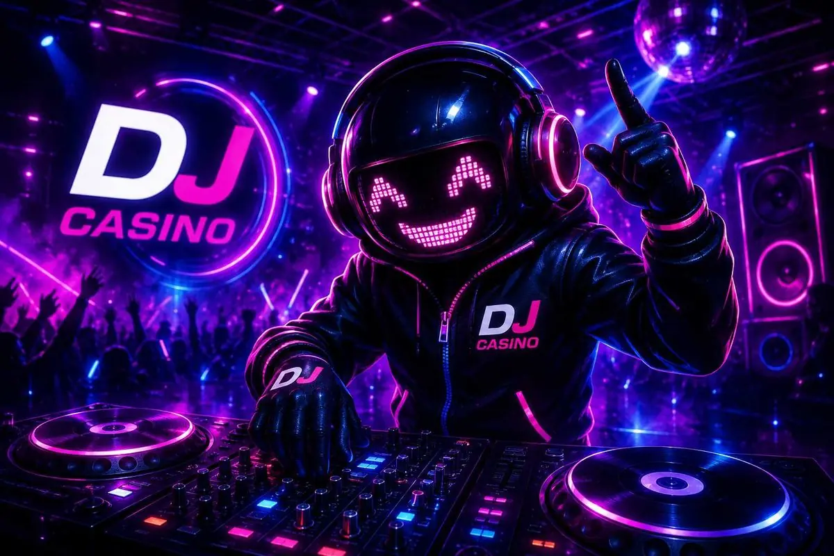 La mascotte DJ de DJ Casino aux platines dans une ambiance de club